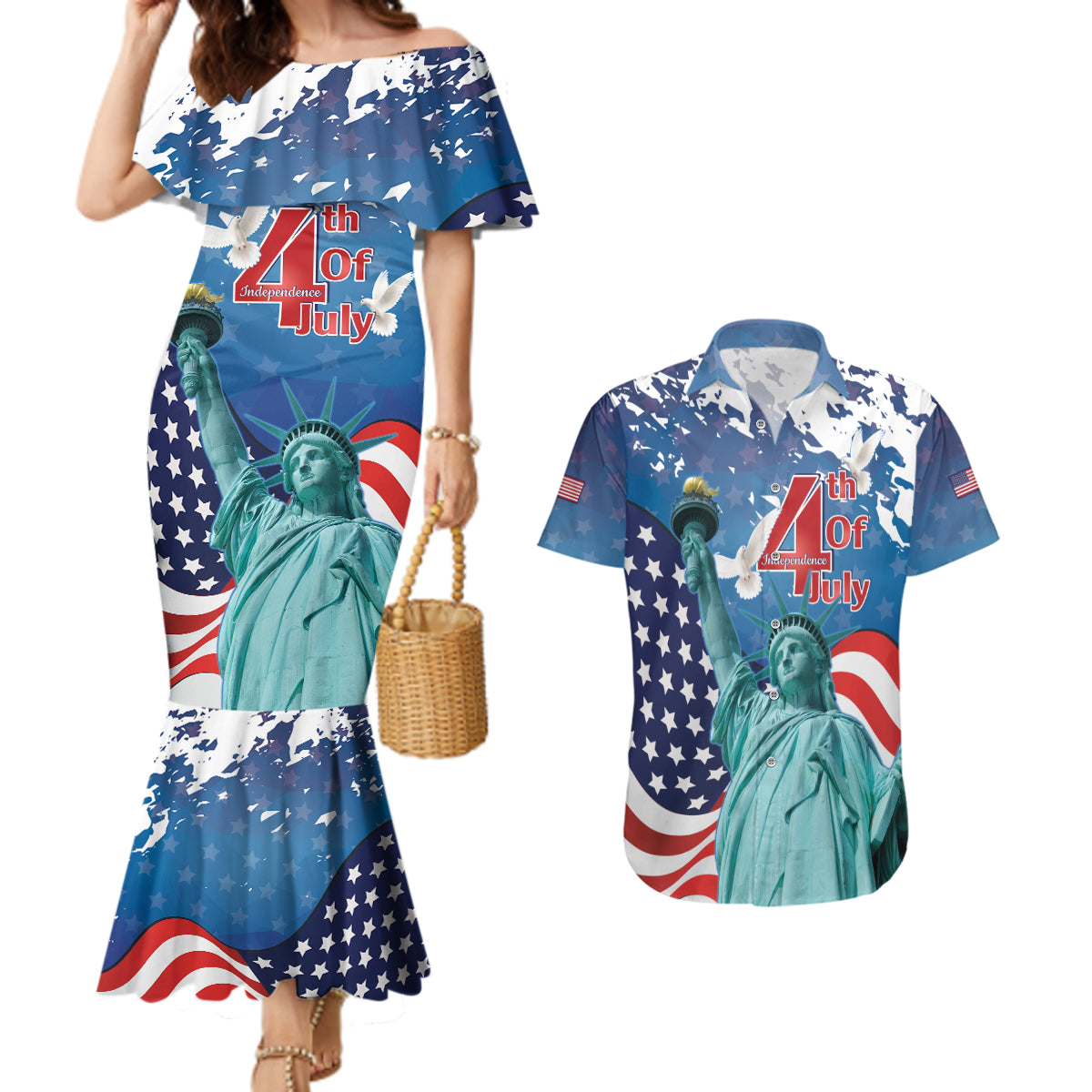 United States 4th Of July Couples Matching Mermaid Dress and Hawaiian Shirt USA Statue of Liberty Proud - Wonder Print Shop