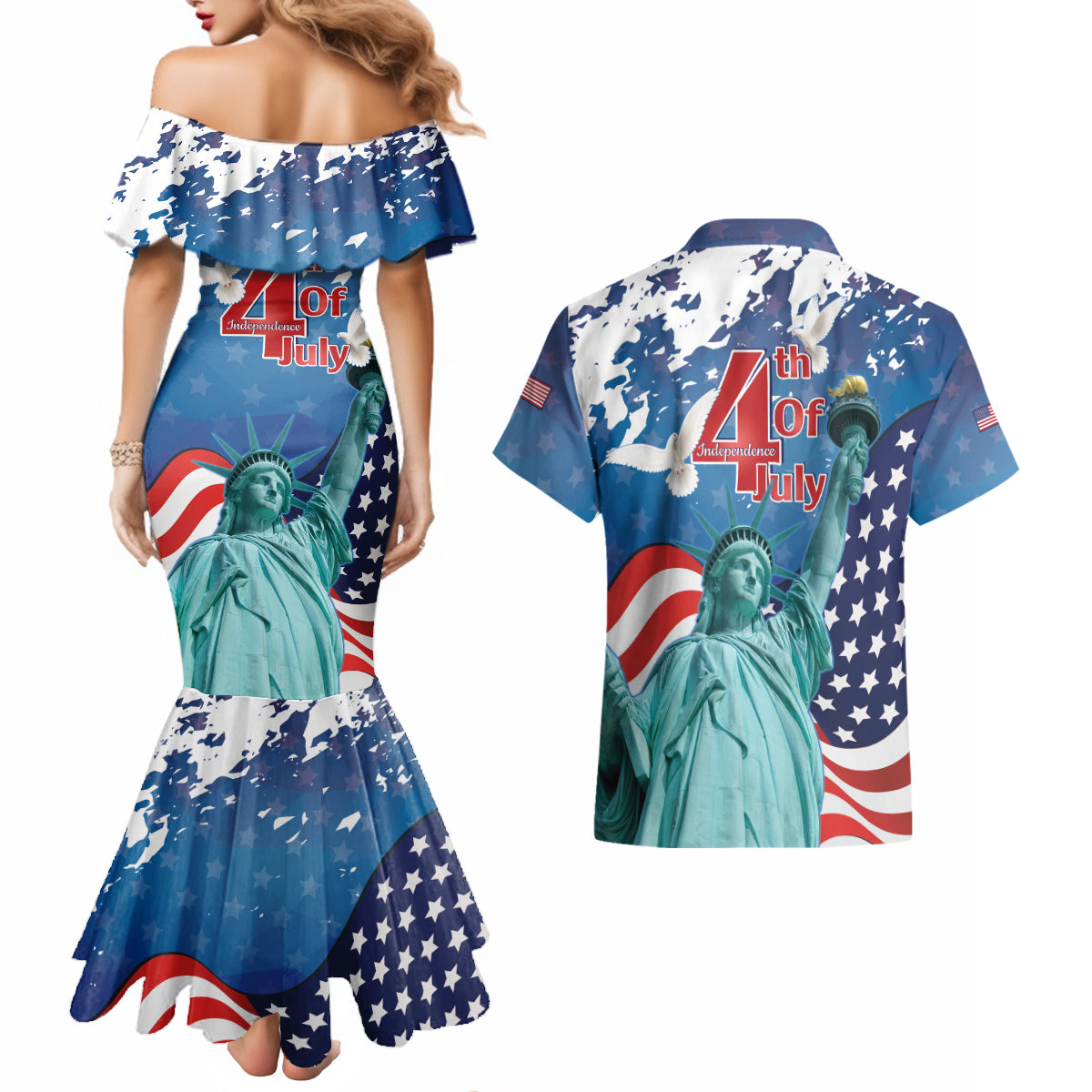 United States 4th Of July Couples Matching Mermaid Dress and Hawaiian Shirt USA Statue of Liberty Proud - Wonder Print Shop
