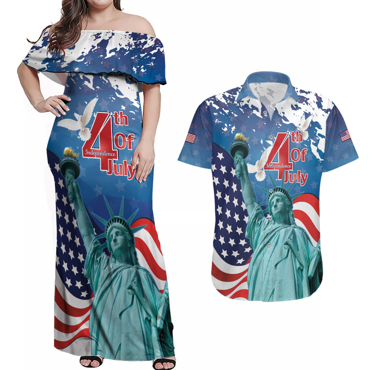 United States 4th Of July Couples Matching Off Shoulder Maxi Dress and Hawaiian Shirt USA Statue of Liberty Proud - Wonder Print Shop