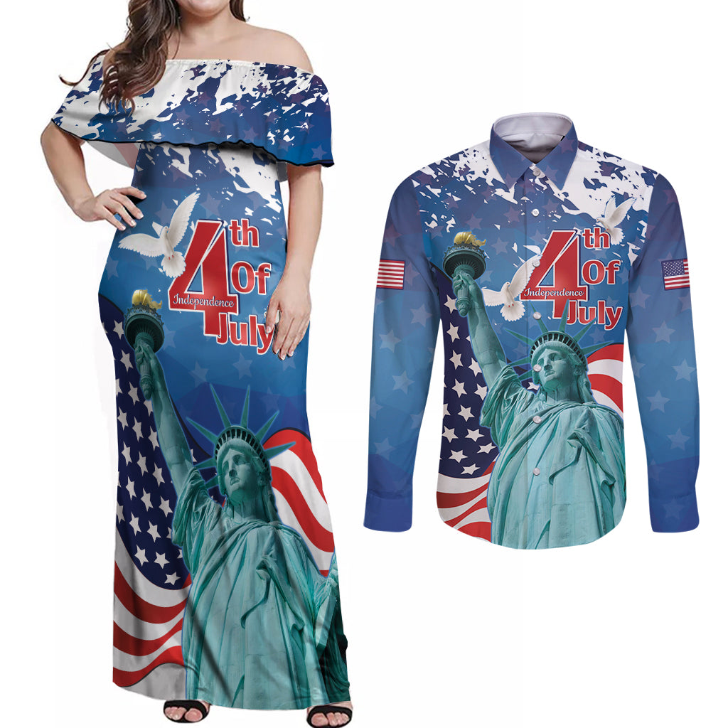 United States 4th Of July Couples Matching Off Shoulder Maxi Dress and Long Sleeve Button Shirt USA Statue of Liberty Proud - Wonder Print Shop