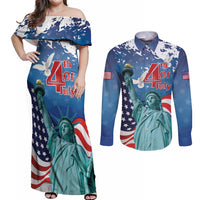 United States 4th Of July Couples Matching Off Shoulder Maxi Dress and Long Sleeve Button Shirt USA Statue of Liberty Proud - Wonder Print Shop