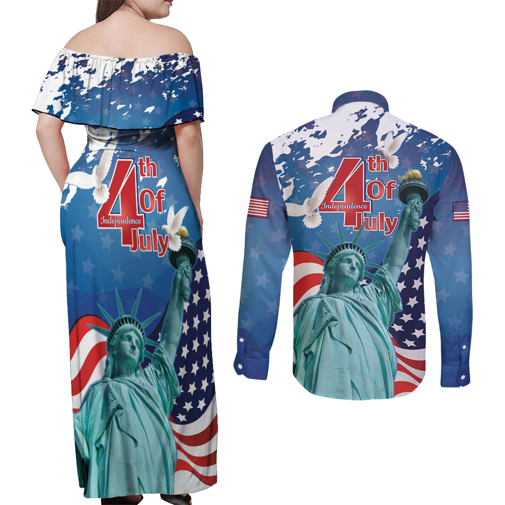 United States 4th Of July Couples Matching Off Shoulder Maxi Dress and Long Sleeve Button Shirt USA Statue of Liberty Proud - Wonder Print Shop