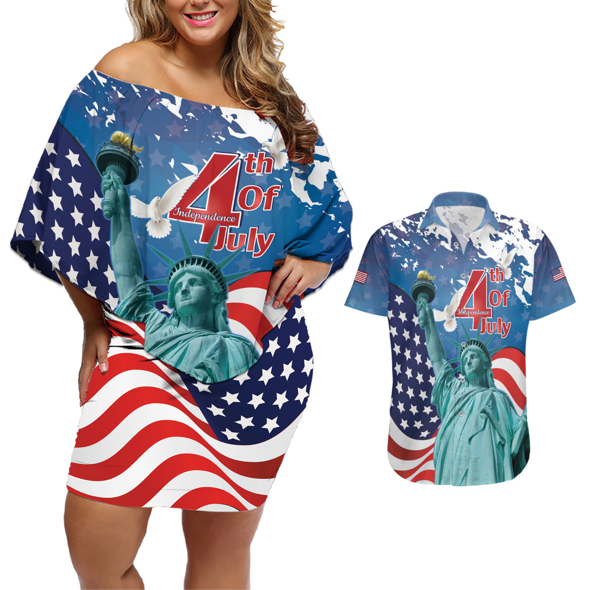 United States 4th Of July Couples Matching Off Shoulder Short Dress and Hawaiian Shirt USA Statue of Liberty Proud - Wonder Print Shop