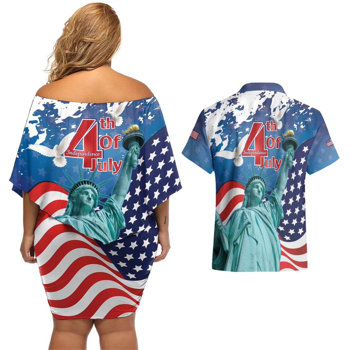 United States 4th Of July Couples Matching Off Shoulder Short Dress and Hawaiian Shirt USA Statue of Liberty Proud - Wonder Print Shop