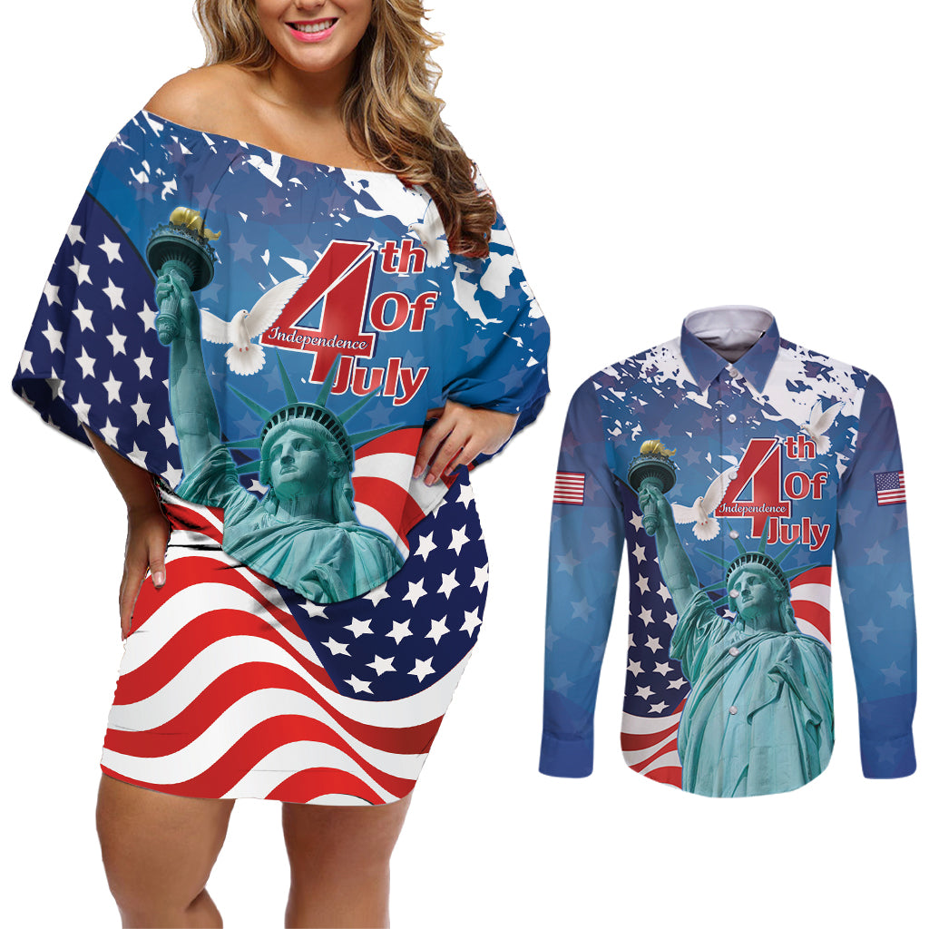 United States 4th Of July Couples Matching Off Shoulder Short Dress and Long Sleeve Button Shirt USA Statue of Liberty Proud - Wonder Print Shop