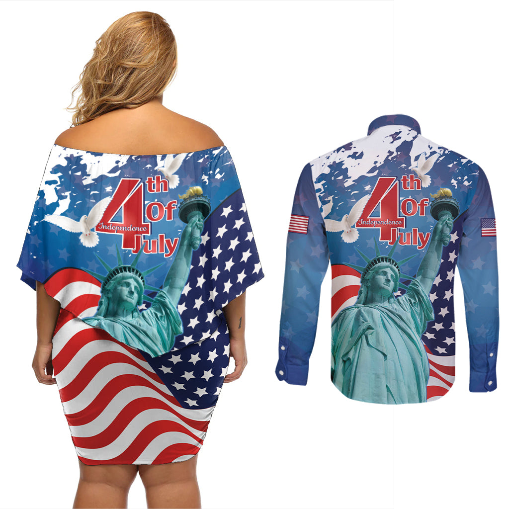 United States 4th Of July Couples Matching Off Shoulder Short Dress and Long Sleeve Button Shirt USA Statue of Liberty Proud - Wonder Print Shop