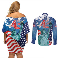 United States 4th Of July Couples Matching Off Shoulder Short Dress and Long Sleeve Button Shirt USA Statue of Liberty Proud - Wonder Print Shop