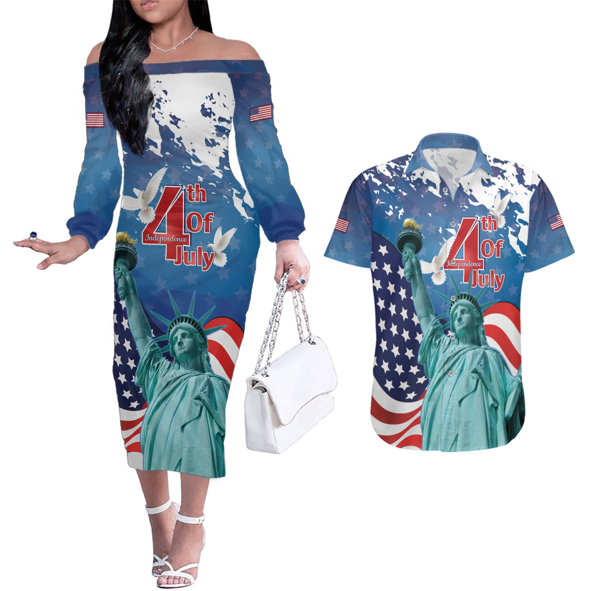 United States 4th Of July Couples Matching Off The Shoulder Long Sleeve Dress and Hawaiian Shirt USA Statue of Liberty Proud - Wonder Print Shop