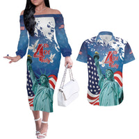 United States 4th Of July Couples Matching Off The Shoulder Long Sleeve Dress and Hawaiian Shirt USA Statue of Liberty Proud - Wonder Print Shop