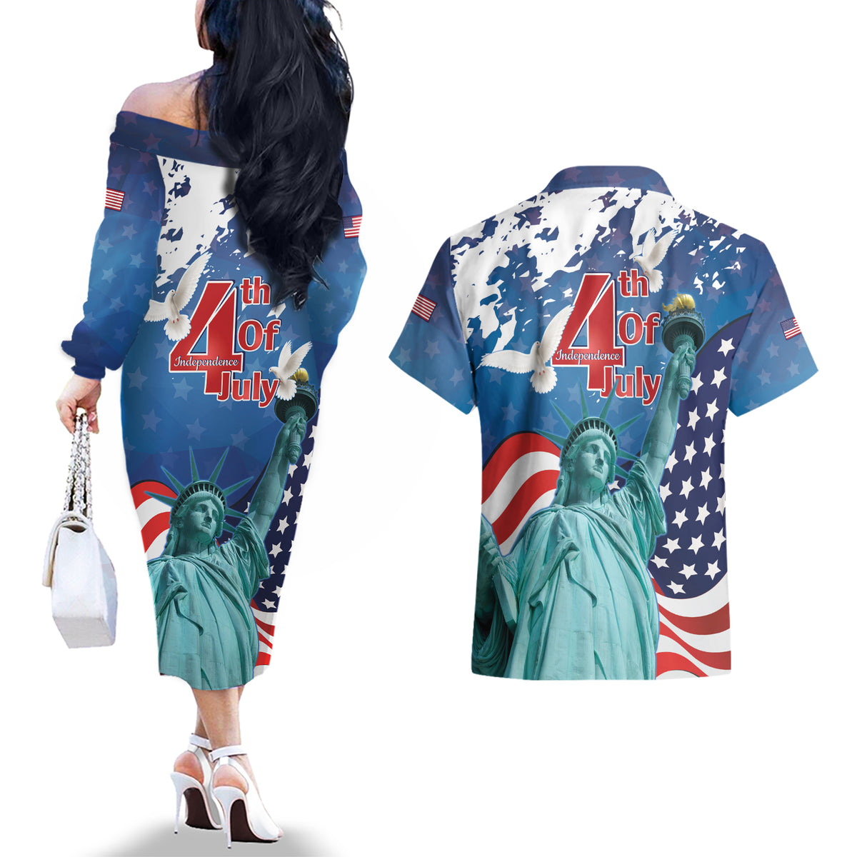 United States 4th Of July Couples Matching Off The Shoulder Long Sleeve Dress and Hawaiian Shirt USA Statue of Liberty Proud - Wonder Print Shop