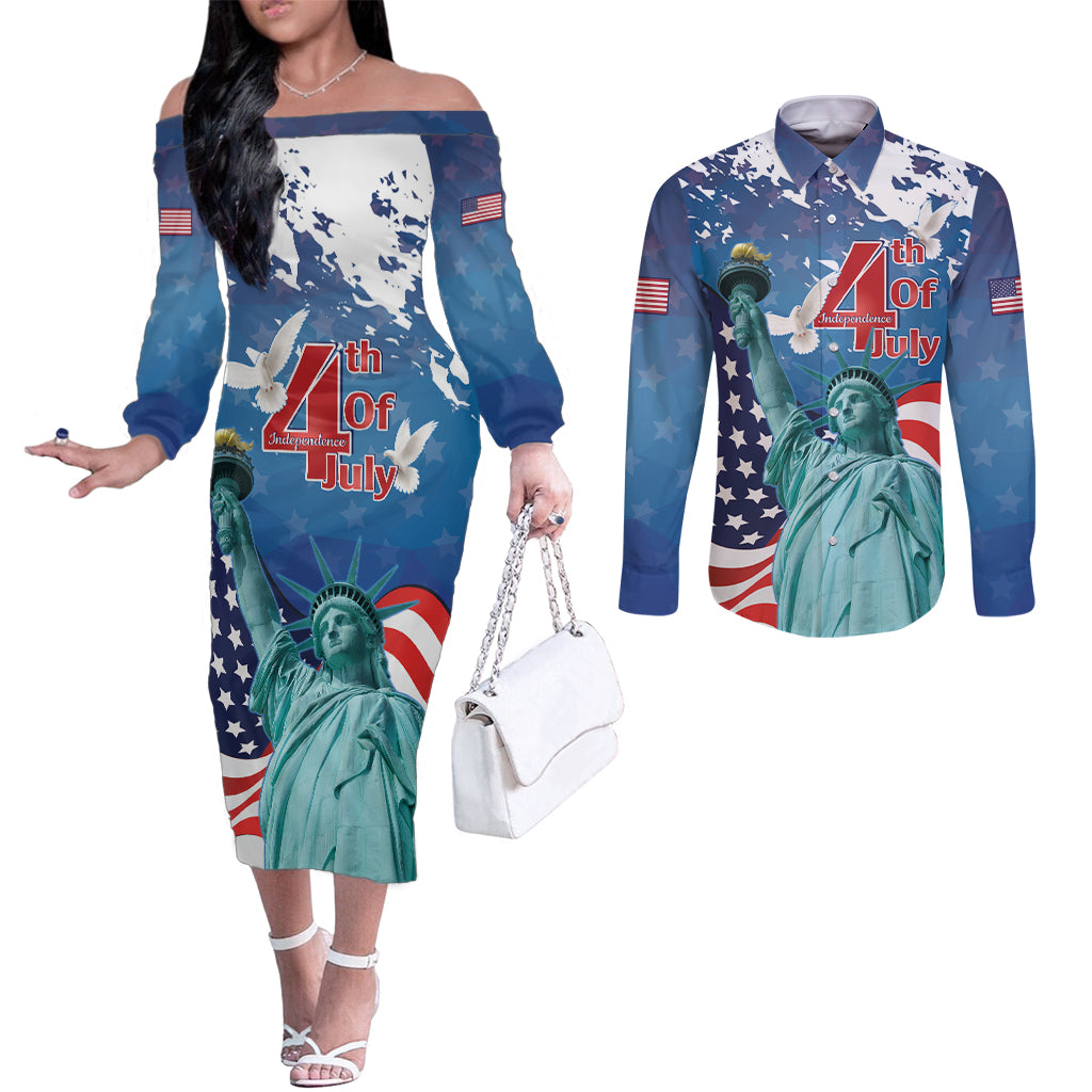 United States 4th Of July Couples Matching Off The Shoulder Long Sleeve Dress and Long Sleeve Button Shirt USA Statue of Liberty Proud