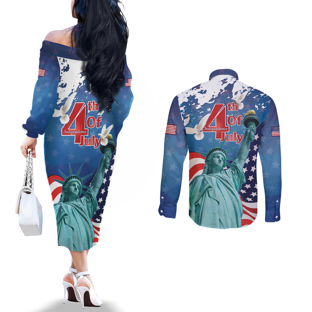 United States 4th Of July Couples Matching Off The Shoulder Long Sleeve Dress and Long Sleeve Button Shirt USA Statue of Liberty Proud