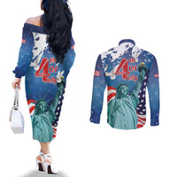 United States 4th Of July Couples Matching Off The Shoulder Long Sleeve Dress and Long Sleeve Button Shirt USA Statue of Liberty Proud