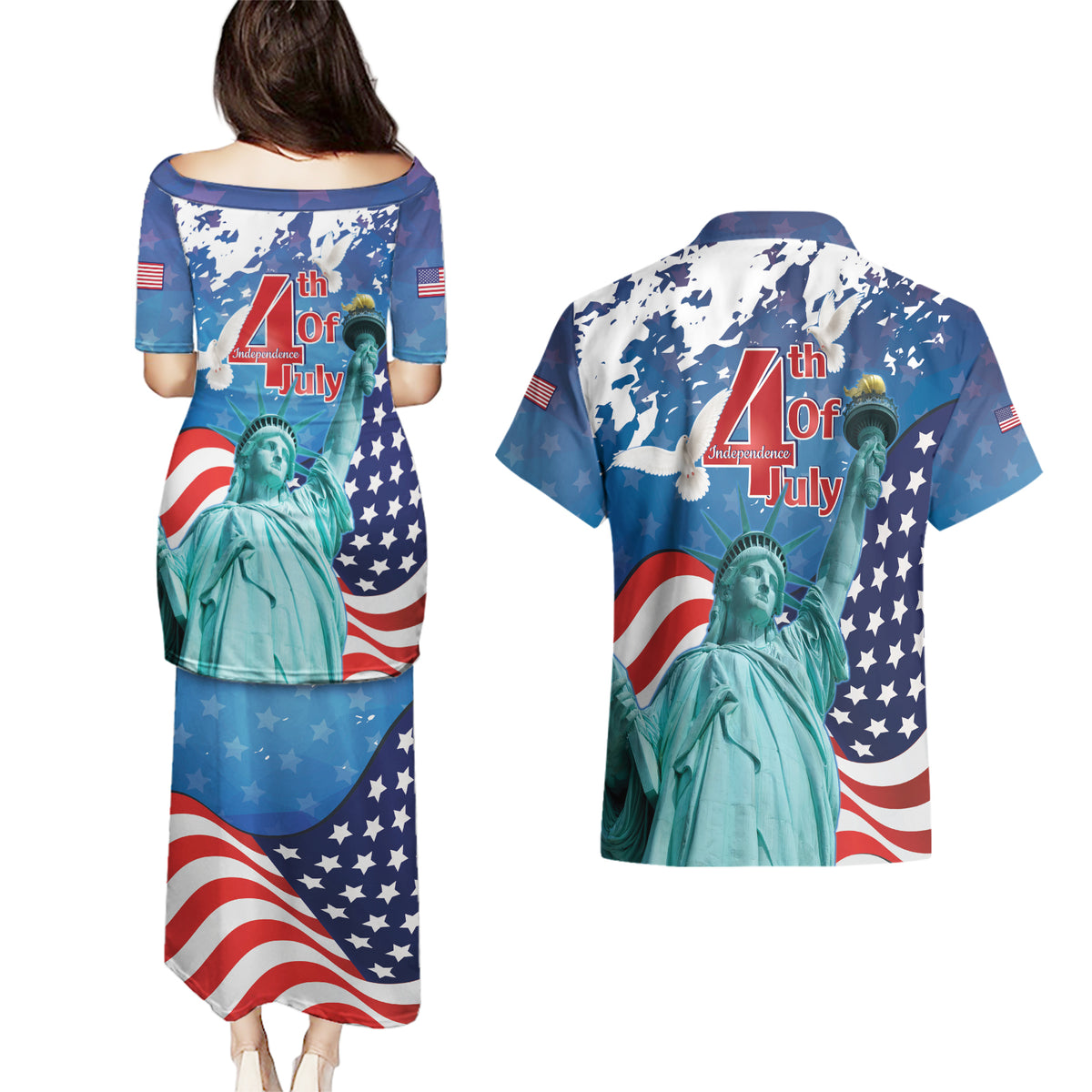 United States 4th Of July Couples Matching Puletasi and Hawaiian Shirt USA Statue of Liberty Proud - Wonder Print Shop