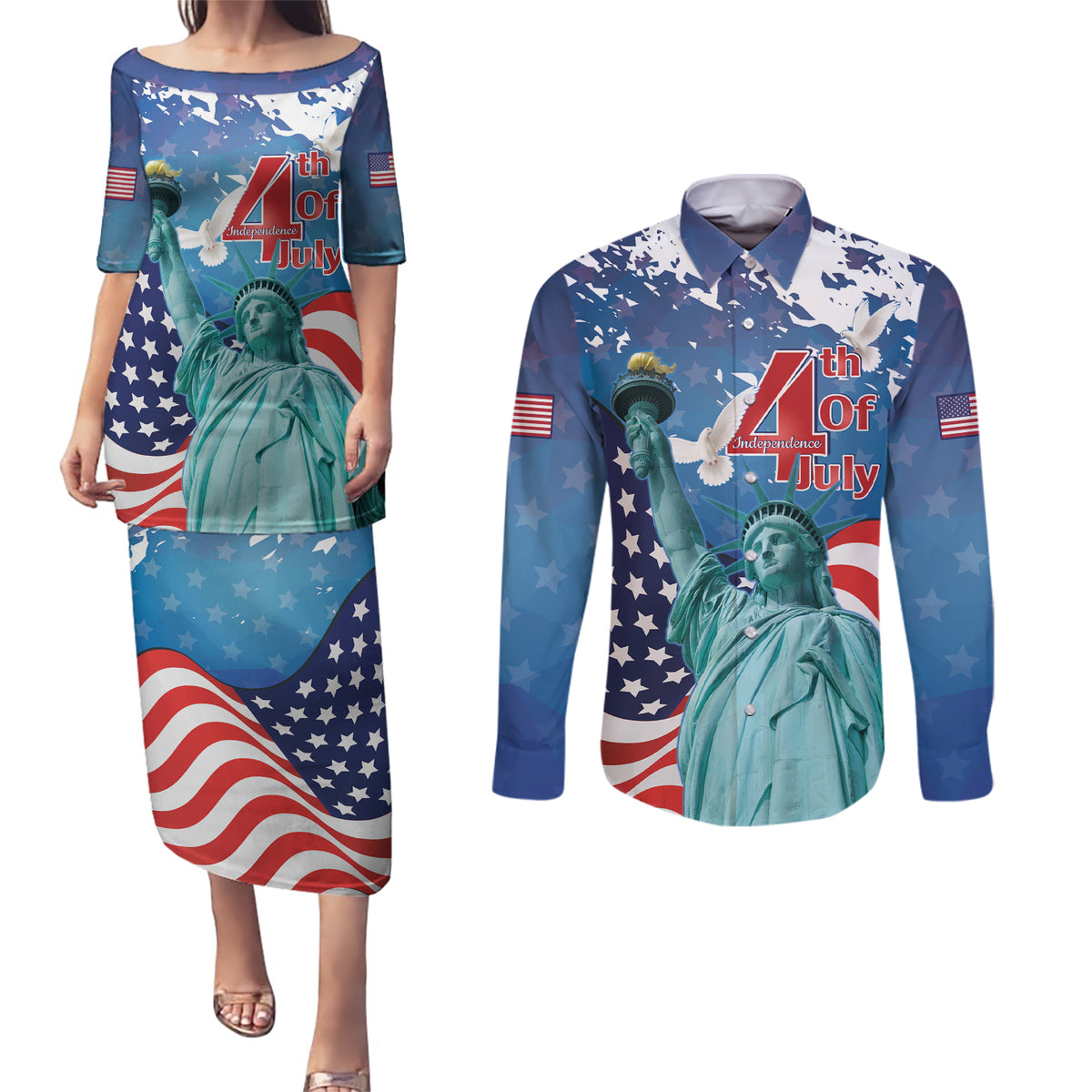 United States 4th Of July Couples Matching Puletasi and Long Sleeve Button Shirt USA Statue of Liberty Proud - Wonder Print Shop
