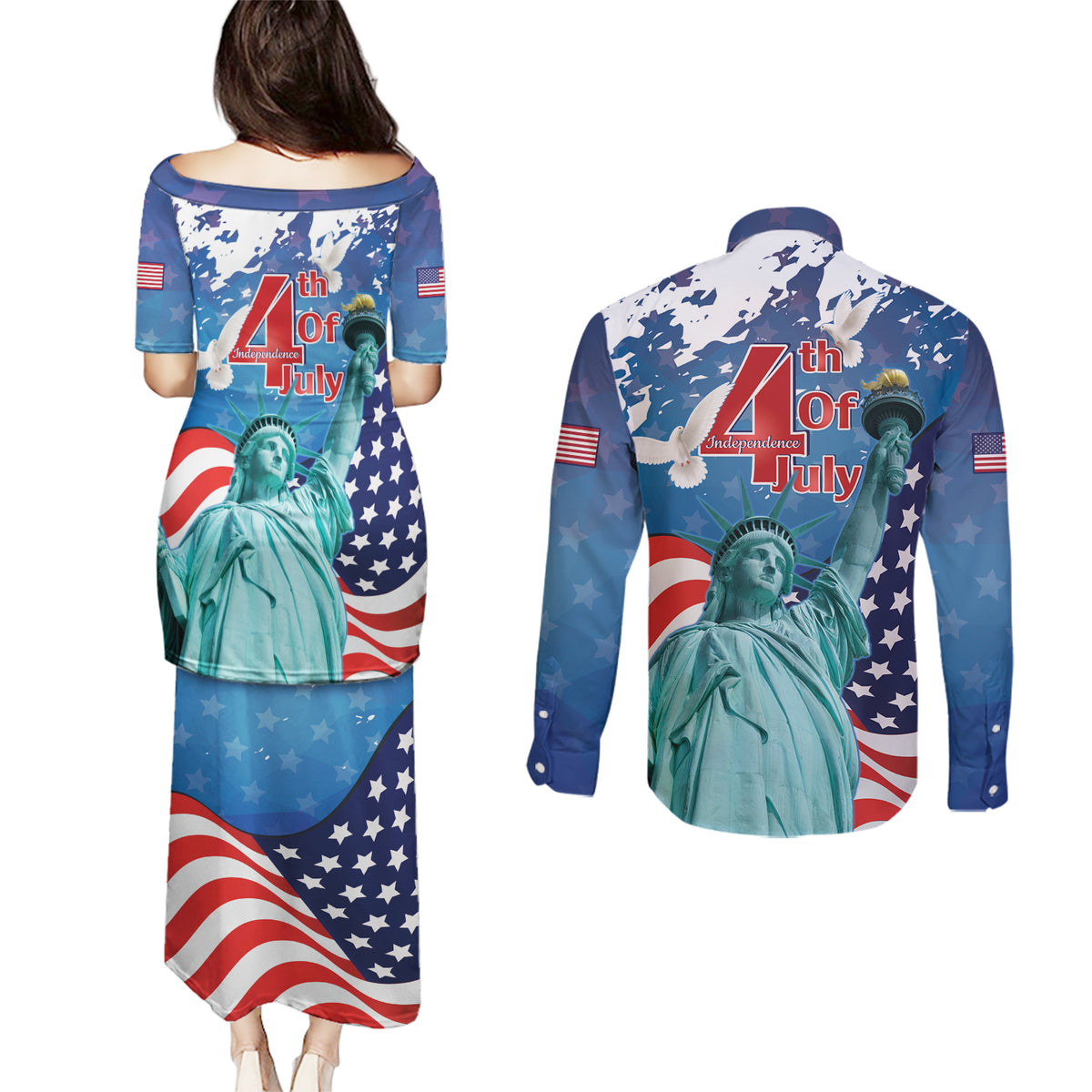 United States 4th Of July Couples Matching Puletasi and Long Sleeve Button Shirt USA Statue of Liberty Proud - Wonder Print Shop
