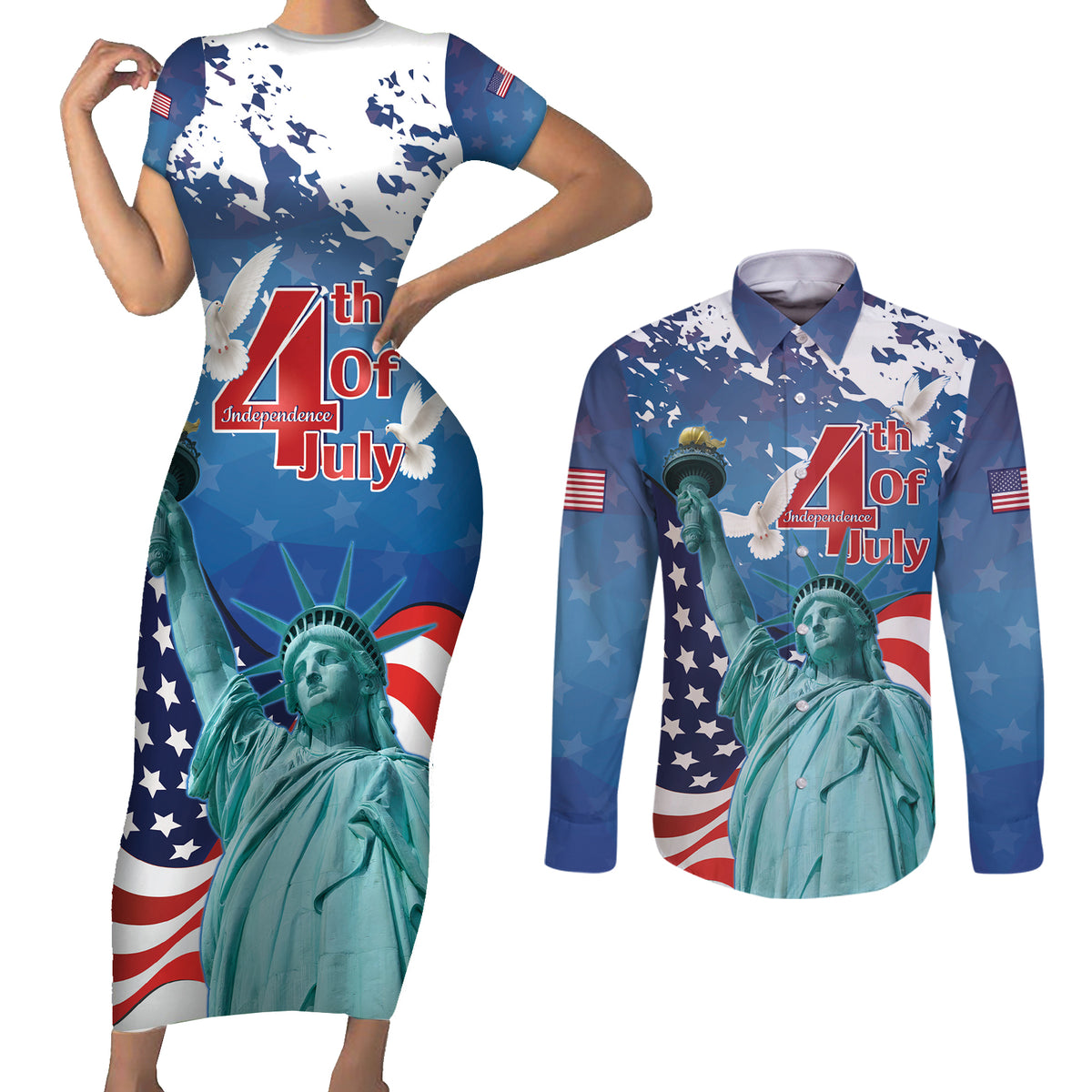 United States 4th Of July Couples Matching Short Sleeve Bodycon Dress and Long Sleeve Button Shirt USA Statue of Liberty Proud - Wonder Print Shop
