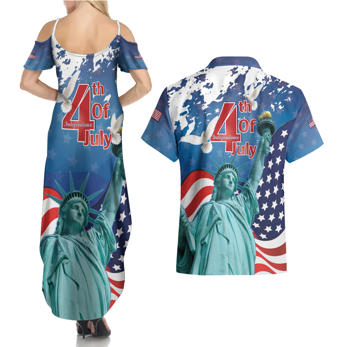 United States 4th Of July Couples Matching Summer Maxi Dress and Hawaiian Shirt USA Statue of Liberty Proud - Wonder Print Shop