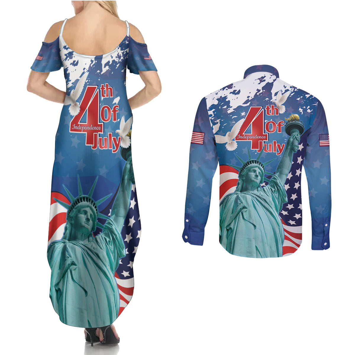 United States 4th Of July Couples Matching Summer Maxi Dress and Long Sleeve Button Shirt USA Statue of Liberty Proud - Wonder Print Shop
