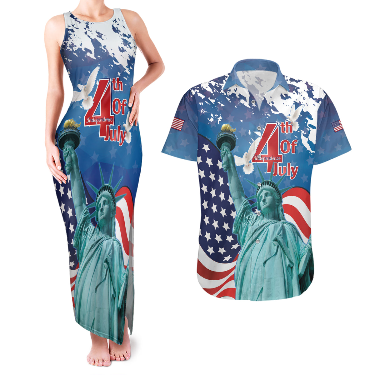 United States 4th Of July Couples Matching Tank Maxi Dress and Hawaiian Shirt USA Statue of Liberty Proud - Wonder Print Shop