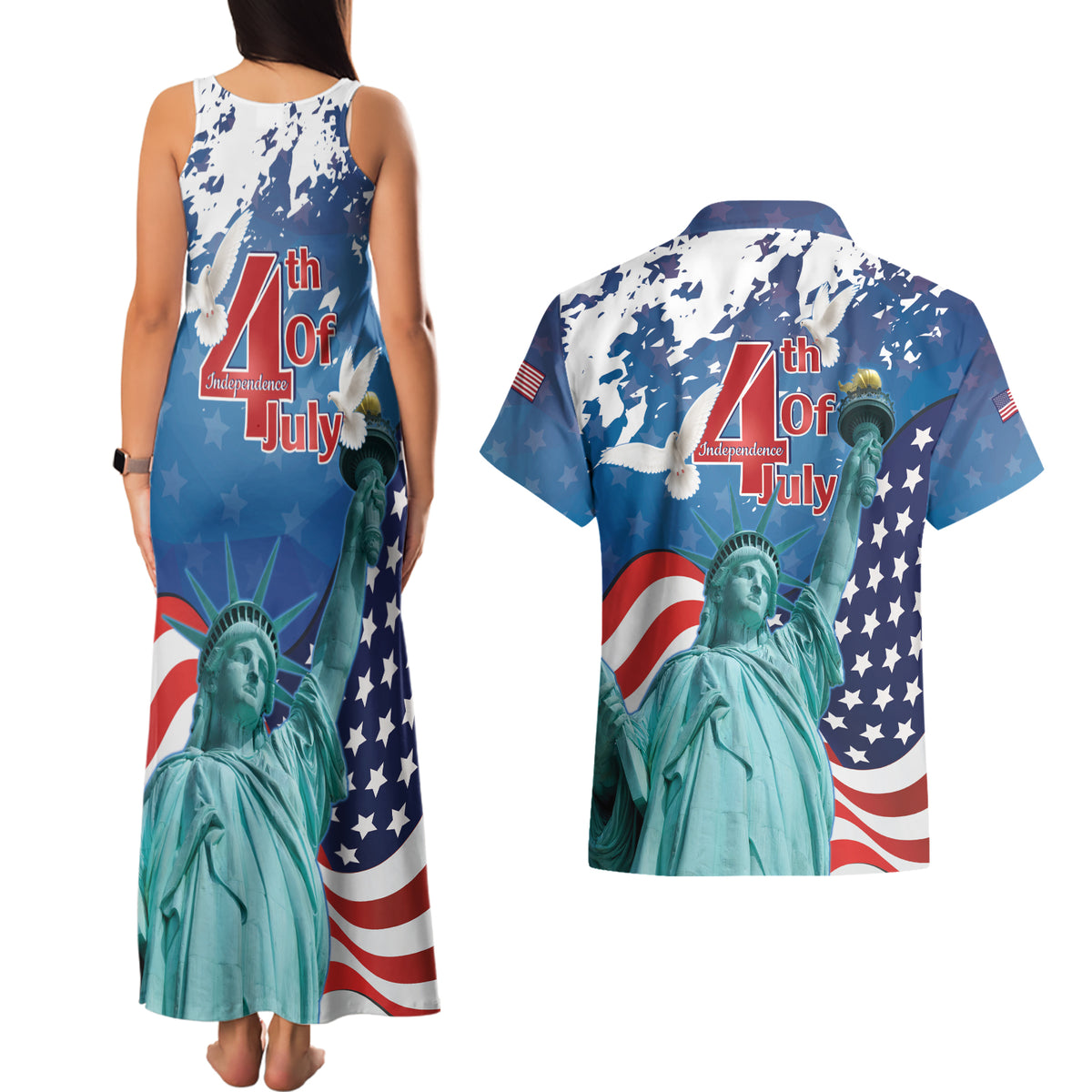 United States 4th Of July Couples Matching Tank Maxi Dress and Hawaiian Shirt USA Statue of Liberty Proud - Wonder Print Shop