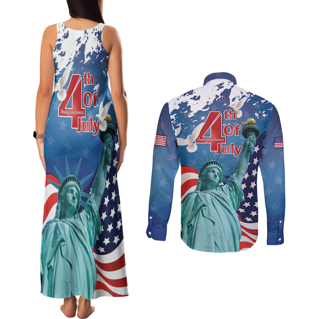 United States 4th Of July Couples Matching Tank Maxi Dress and Long Sleeve Button Shirt USA Statue of Liberty Proud - Wonder Print Shop