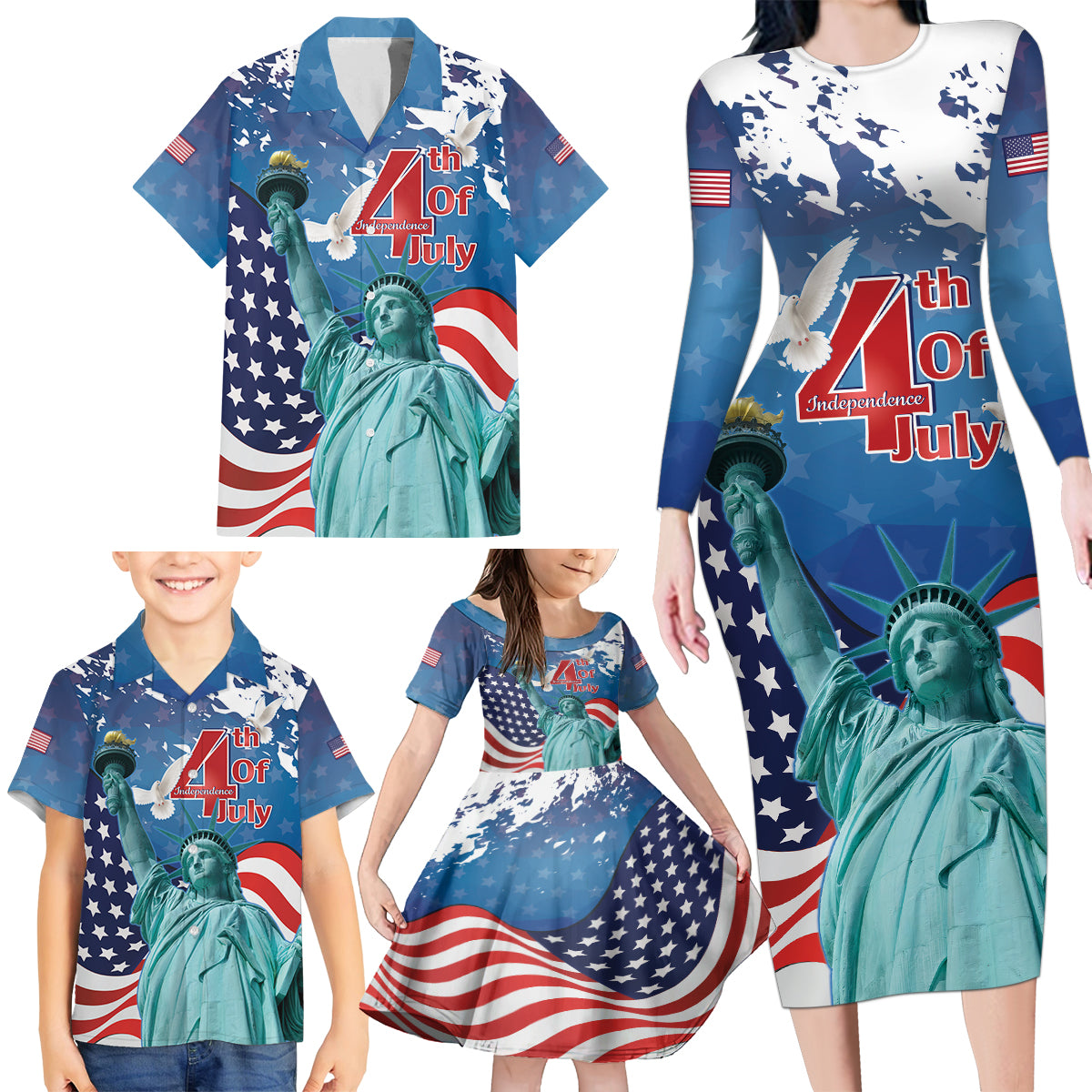United States 4th Of July Family Matching Long Sleeve Bodycon Dress and Hawaiian Shirt USA Statue of Liberty Proud - Wonder Print Shop