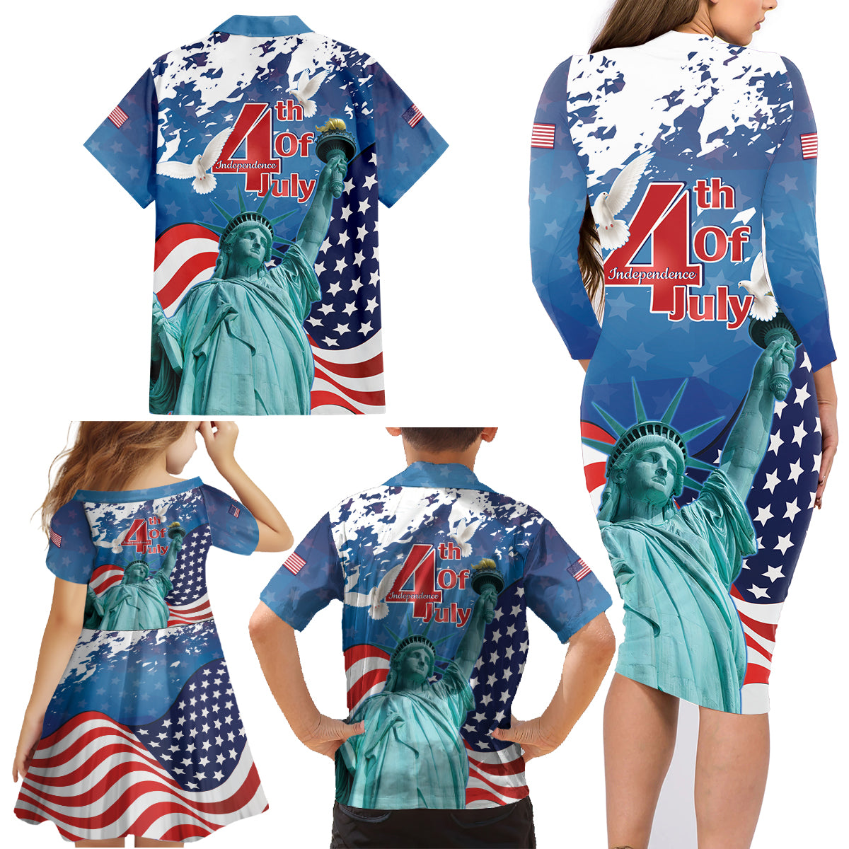 United States 4th Of July Family Matching Long Sleeve Bodycon Dress and Hawaiian Shirt USA Statue of Liberty Proud - Wonder Print Shop