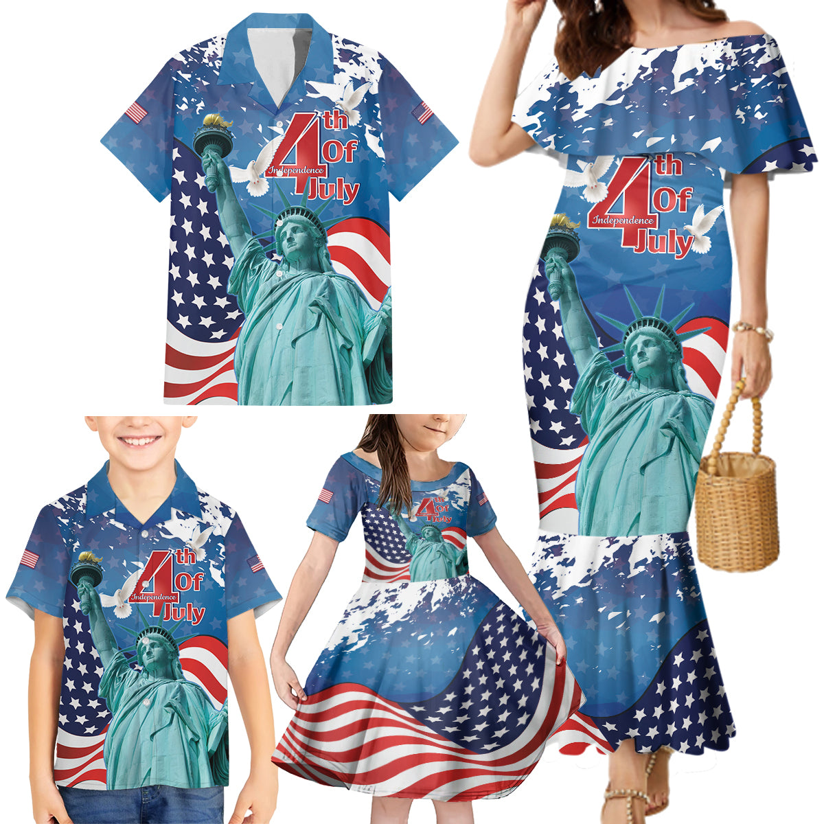 United States 4th Of July Family Matching Mermaid Dress and Hawaiian Shirt USA Statue of Liberty Proud - Wonder Print Shop