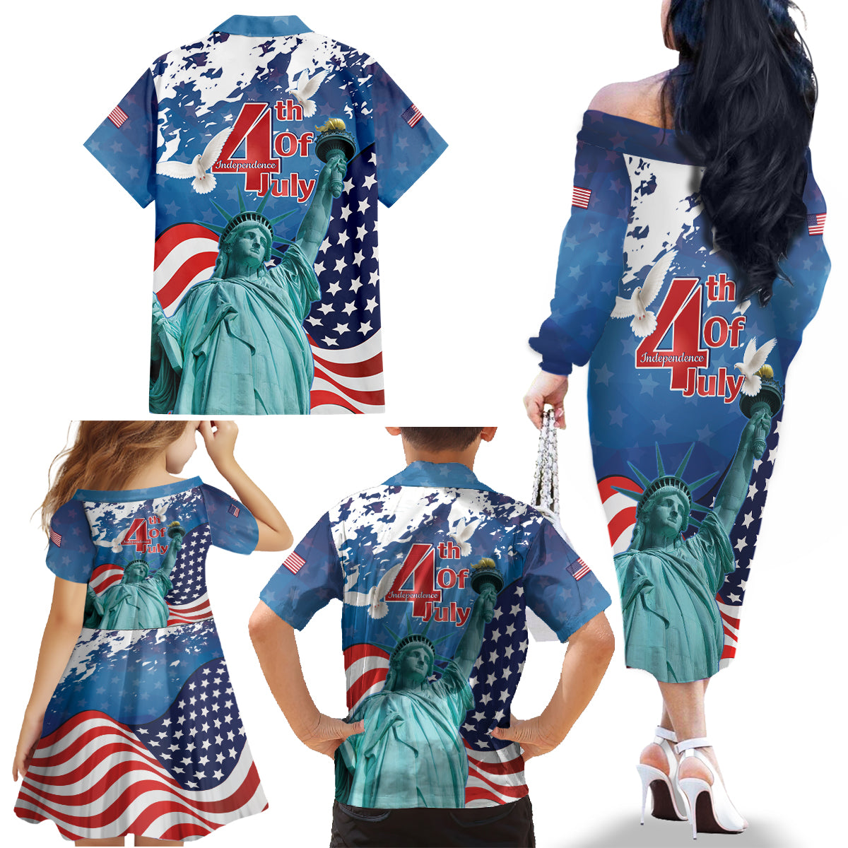 United States 4th Of July Family Matching Off The Shoulder Long Sleeve Dress and Hawaiian Shirt USA Statue of Liberty Proud - Wonder Print Shop