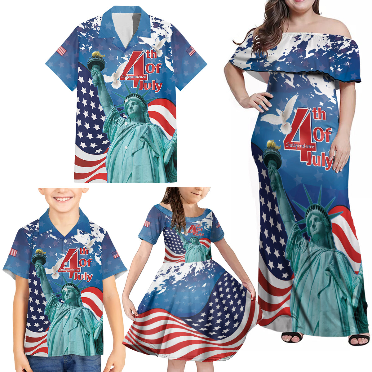 United States 4th Of July Family Matching Off Shoulder Maxi Dress and Hawaiian Shirt USA Statue of Liberty Proud - Wonder Print Shop