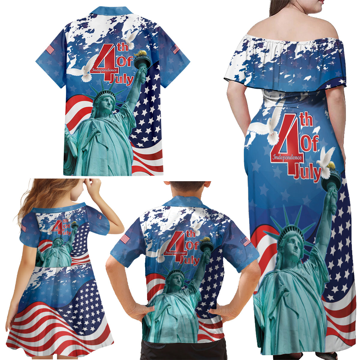 United States 4th Of July Family Matching Off Shoulder Maxi Dress and Hawaiian Shirt USA Statue of Liberty Proud - Wonder Print Shop