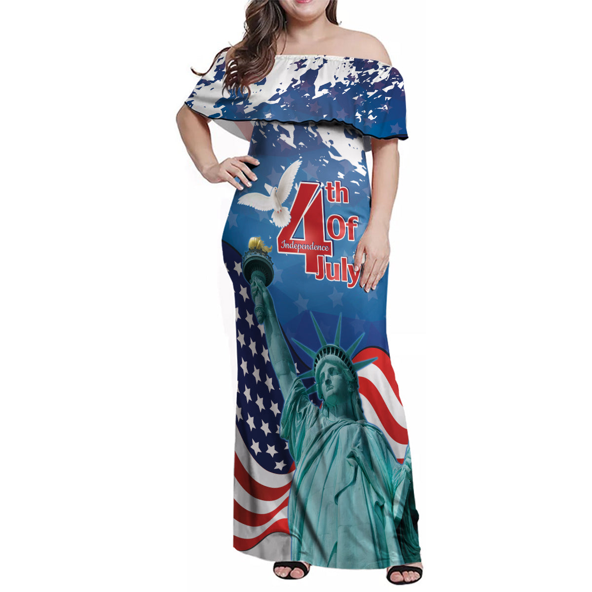 United States 4th Of July Family Matching Off Shoulder Maxi Dress and Hawaiian Shirt USA Statue of Liberty Proud - Wonder Print Shop
