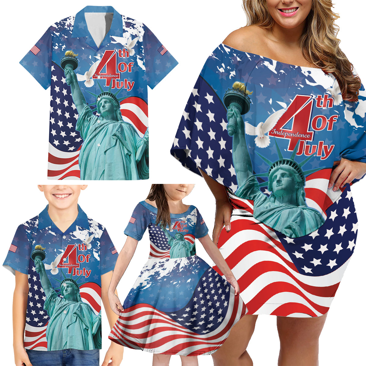 United States 4th Of July Family Matching Off Shoulder Short Dress and Hawaiian Shirt USA Statue of Liberty Proud - Wonder Print Shop