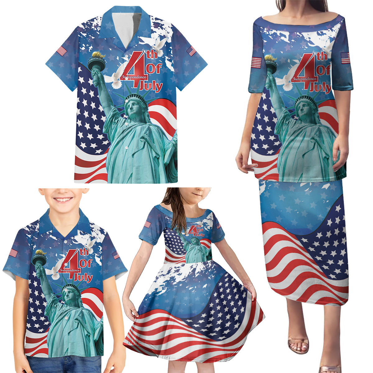United States 4th Of July Family Matching Puletasi and Hawaiian Shirt USA Statue of Liberty Proud - Wonder Print Shop