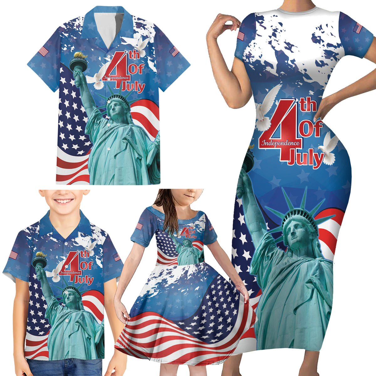United States 4th Of July Family Matching Short Sleeve Bodycon Dress and Hawaiian Shirt USA Statue of Liberty Proud - Wonder Print Shop