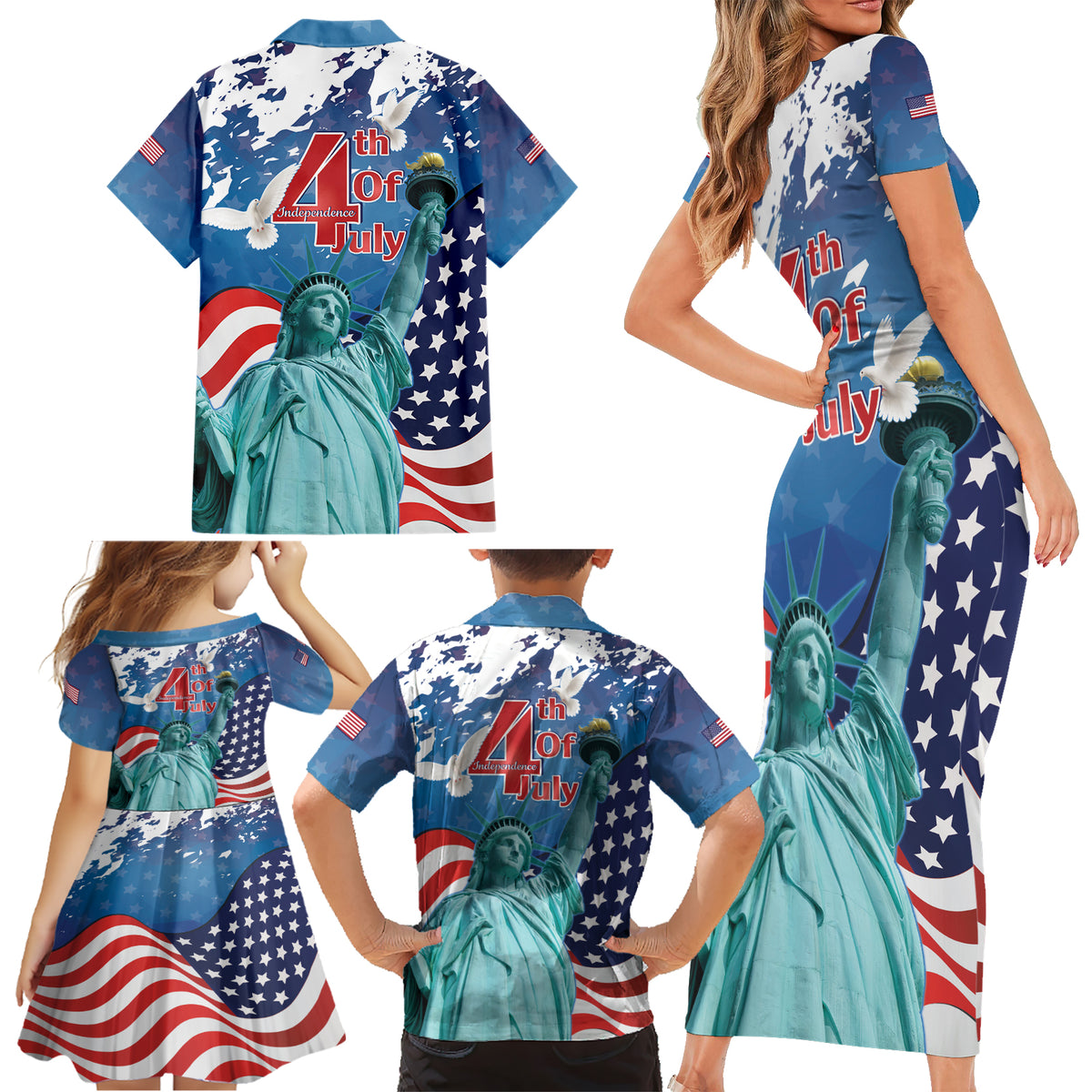 United States 4th Of July Family Matching Short Sleeve Bodycon Dress and Hawaiian Shirt USA Statue of Liberty Proud - Wonder Print Shop