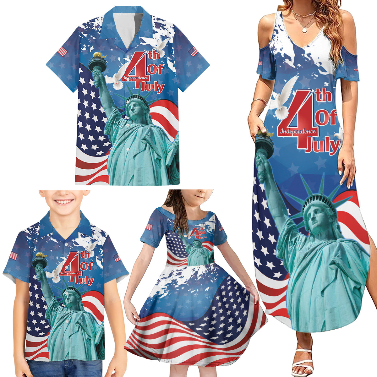 United States 4th Of July Family Matching Summer Maxi Dress and Hawaiian Shirt USA Statue of Liberty Proud - Wonder Print Shop