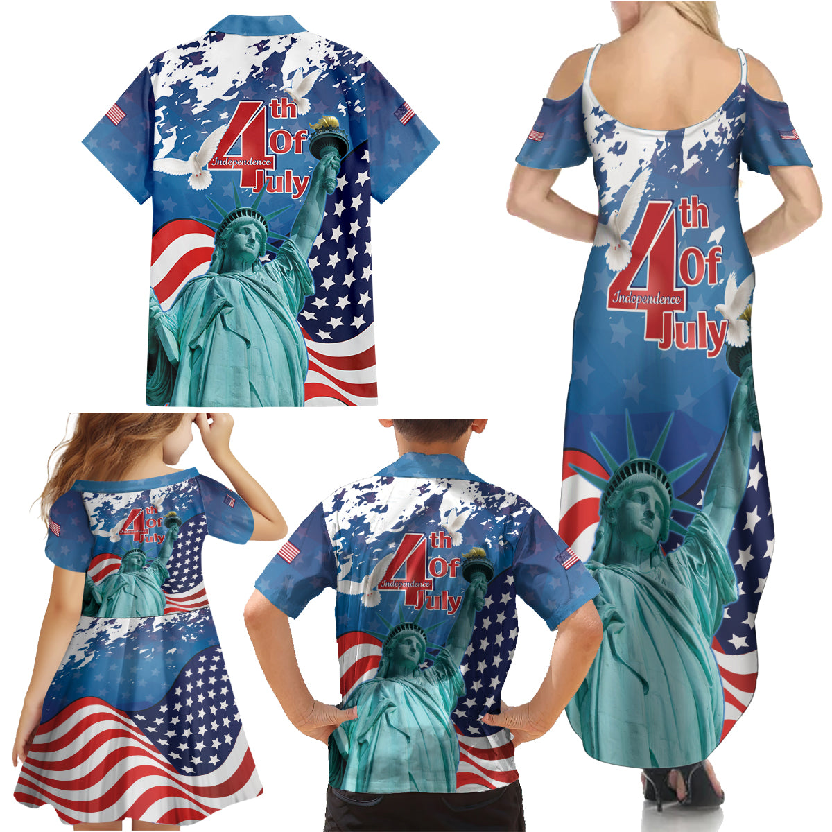 United States 4th Of July Family Matching Summer Maxi Dress and Hawaiian Shirt USA Statue of Liberty Proud - Wonder Print Shop