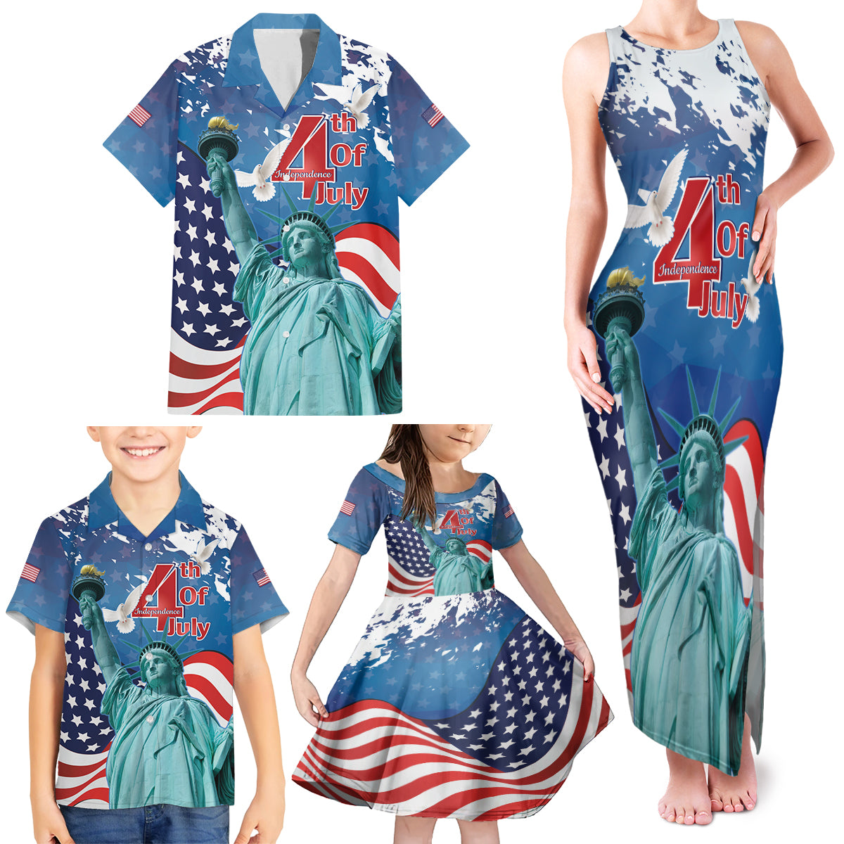 United States 4th Of July Family Matching Tank Maxi Dress and Hawaiian Shirt USA Statue of Liberty Proud - Wonder Print Shop
