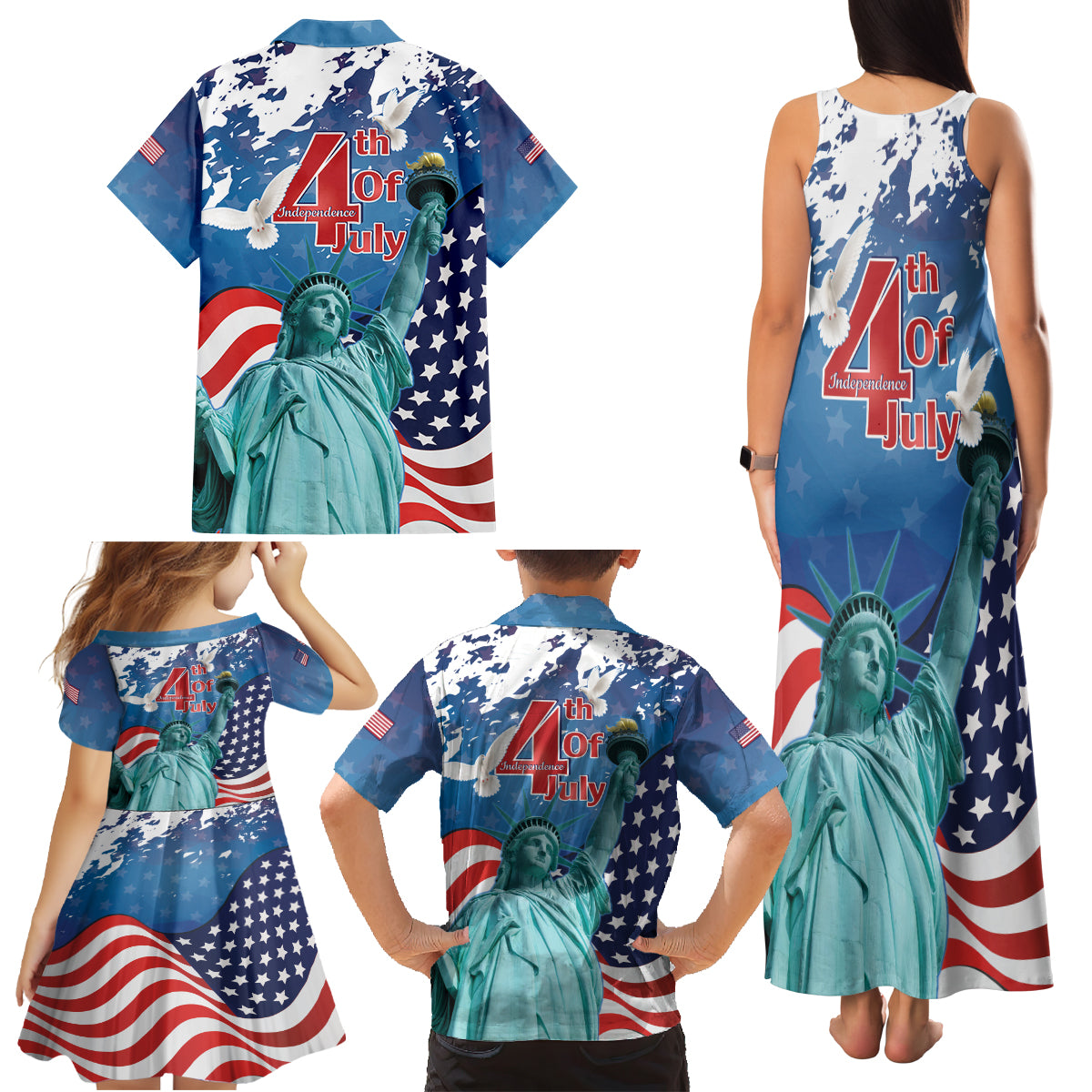 United States 4th Of July Family Matching Tank Maxi Dress and Hawaiian Shirt USA Statue of Liberty Proud - Wonder Print Shop