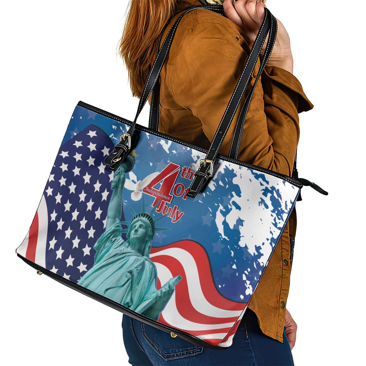 United States 4th Of July Leather Tote Bag USA Statue of Liberty Proud - Wonder Print Shop