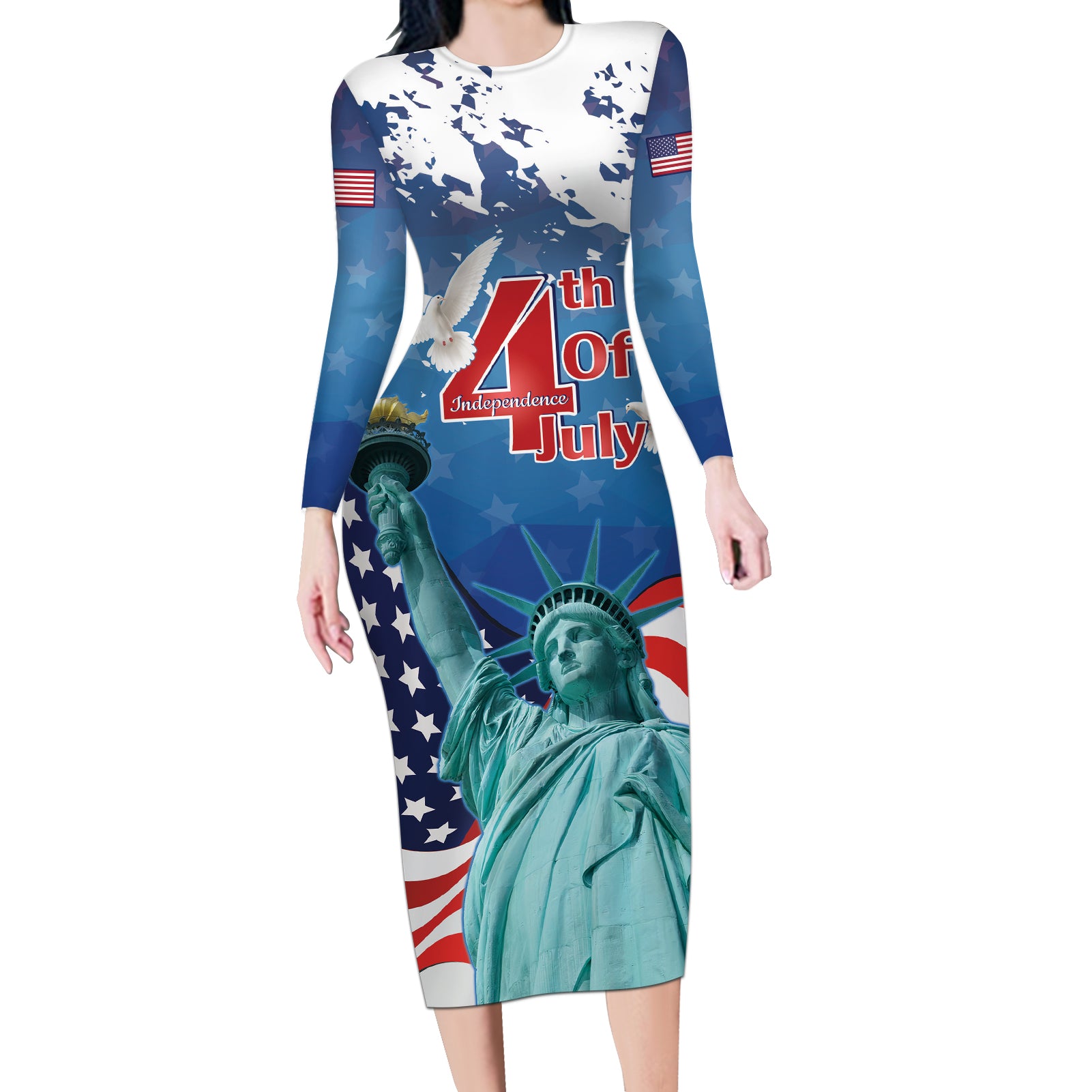 United States 4th Of July Long Sleeve Bodycon Dress USA Statue of Liberty Proud - Wonder Print Shop