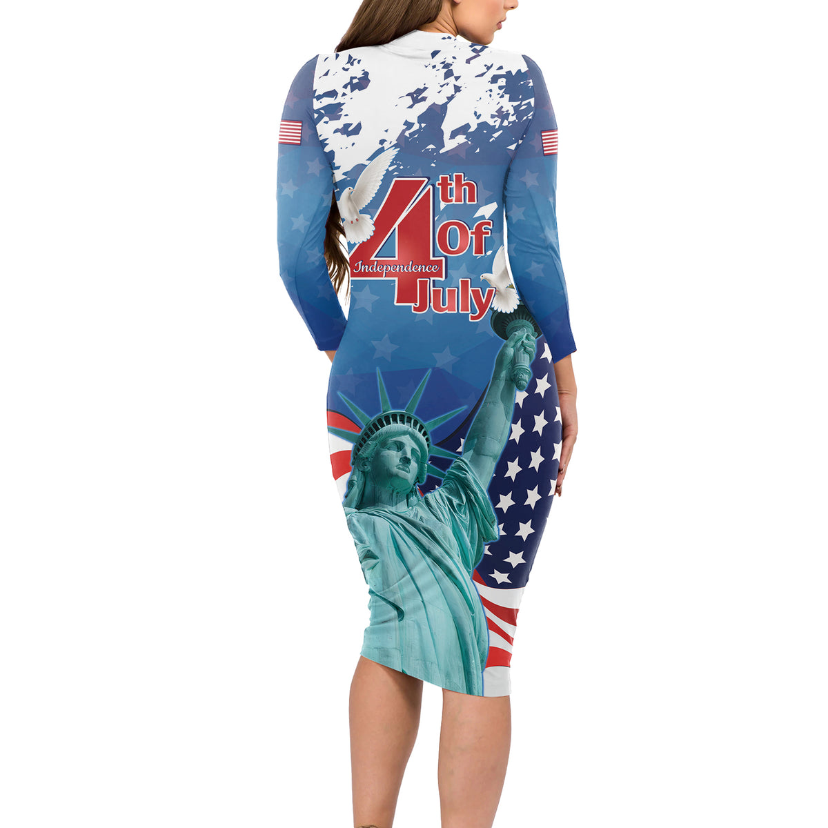United States 4th Of July Long Sleeve Bodycon Dress USA Statue of Liberty Proud - Wonder Print Shop