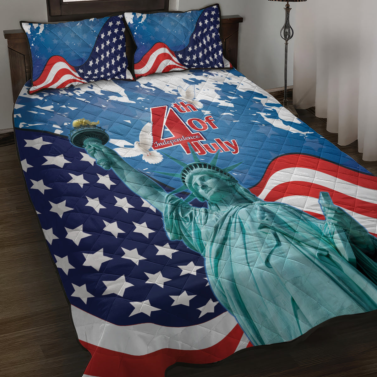 United States 4th Of July Quilt Bed Set USA Statue of Liberty Proud