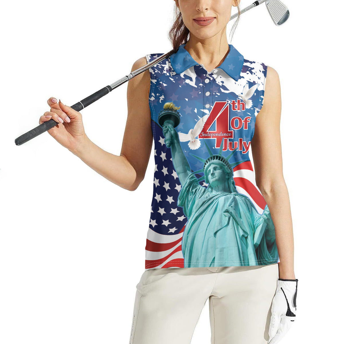 United States 4th Of July Women Sleeveless Polo Shirt USA Statue of Liberty Proud - Wonder Print Shop