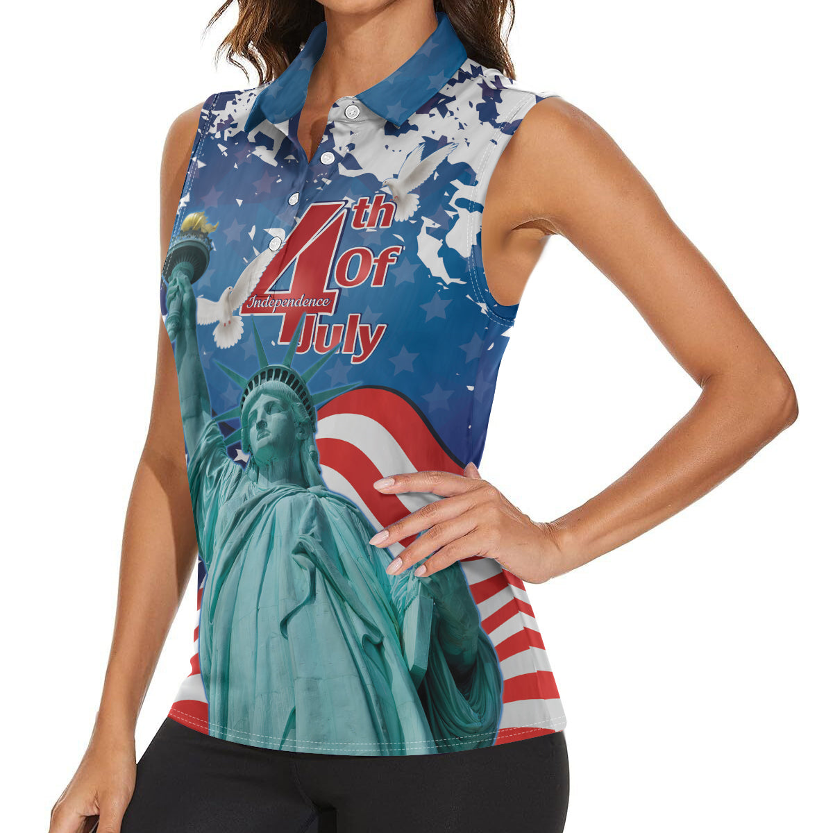 United States 4th Of July Women Sleeveless Polo Shirt USA Statue of Liberty Proud - Wonder Print Shop