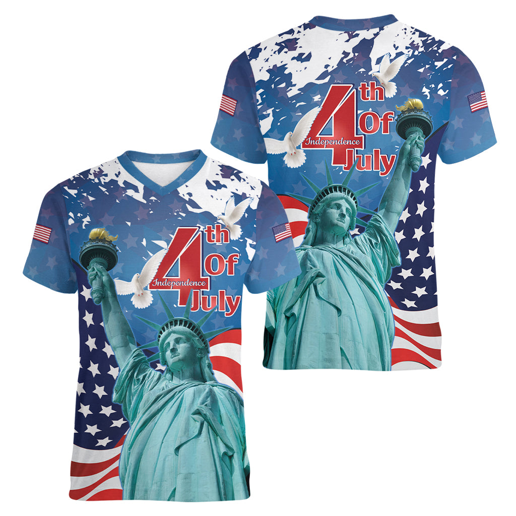 United States 4th Of July Women V-Neck T-Shirt USA Statue of Liberty Proud - Wonder Print Shop