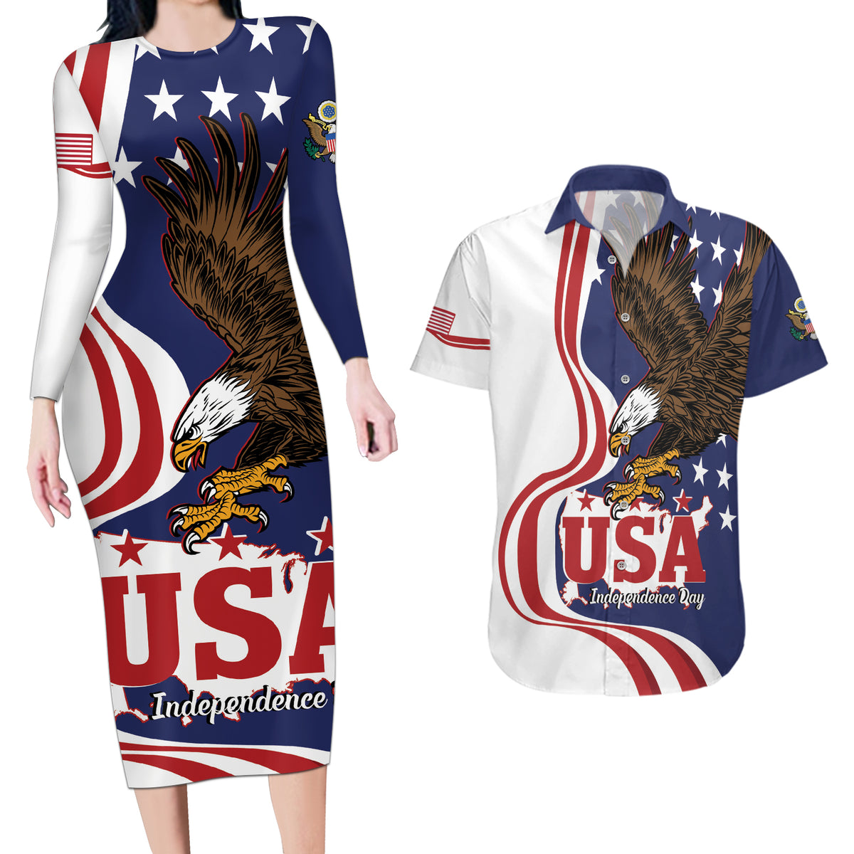United States Independence Day Couples Matching Long Sleeve Bodycon Dress and Hawaiian Shirt USA Bald Eagle Happy 4th Of July - Wonder Print Shop