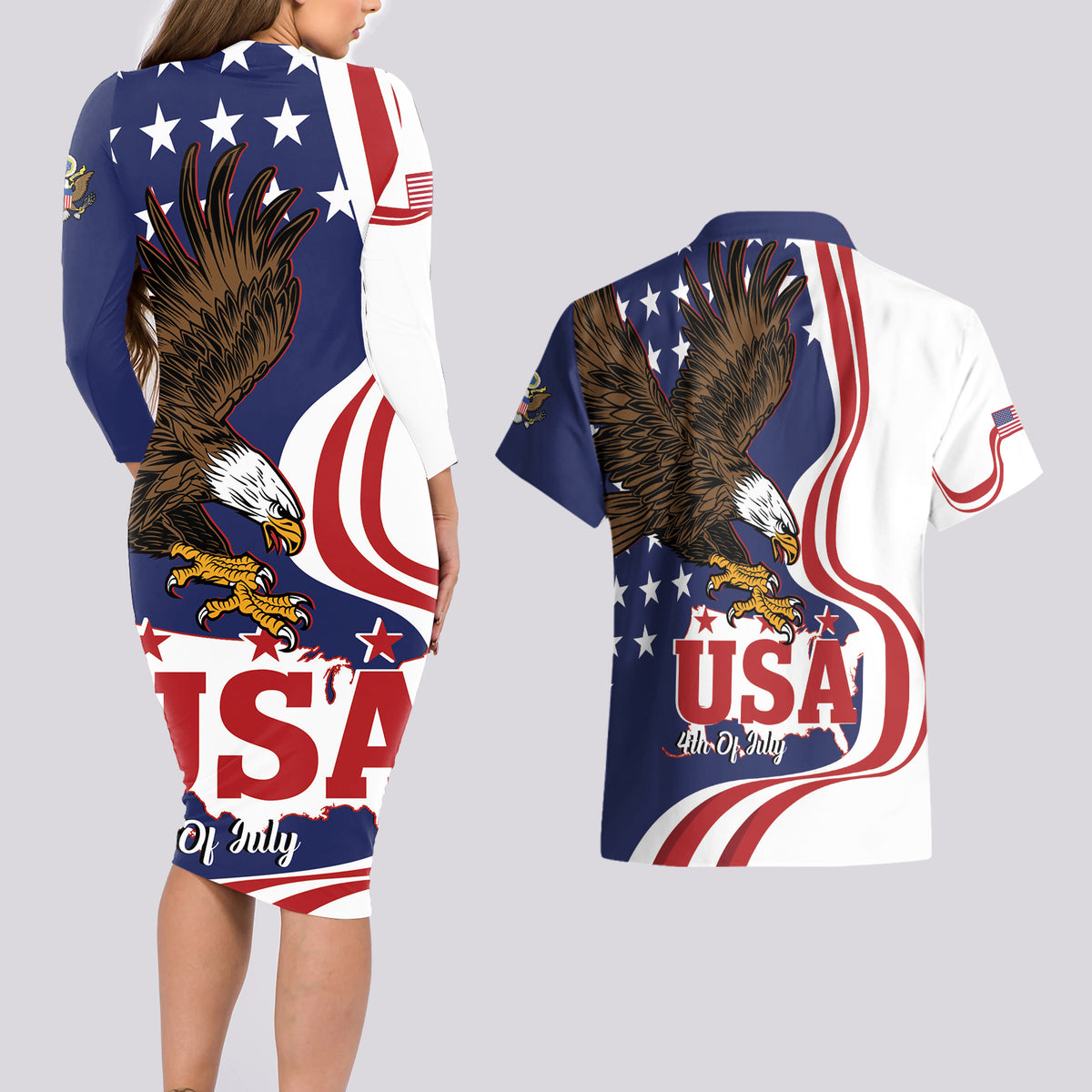 United States Independence Day Couples Matching Long Sleeve Bodycon Dress and Hawaiian Shirt USA Bald Eagle Happy 4th Of July - Wonder Print Shop